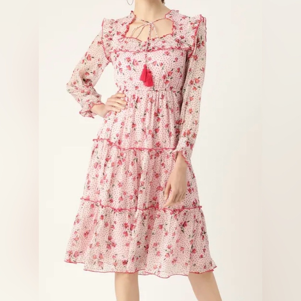 Antheaa Pink Floral Swiss Dot Midi Dress Ruffle Trim Tassel Tie Cottagecore XL - Picture 1 of 12